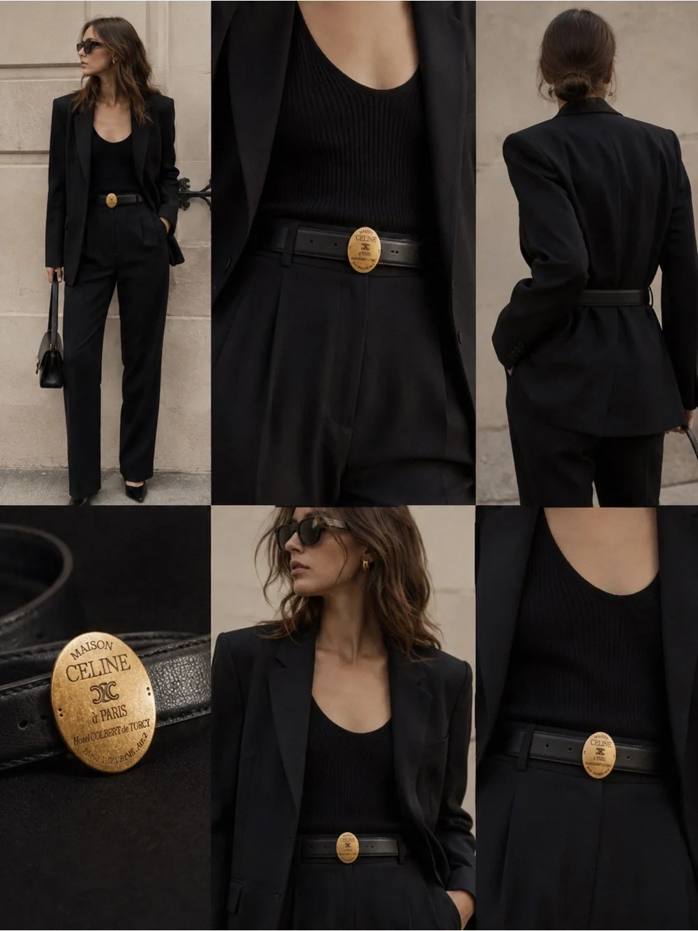 Celine Black Leather Belt with Gold Medallion